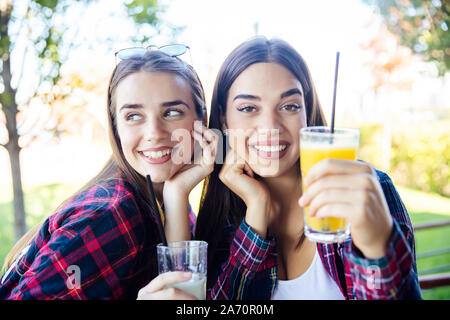 Due giovani donne di bere succo di frutta e limonata nel parco al giorno di sole Foto Stock