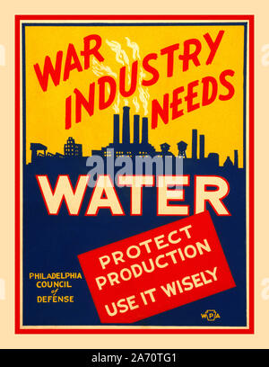 Vintage WW2 American Propaganda Poster informazioni usa 'industria bellica ha bisogno di acqua' poster di promozione conservazione di acqua per lo sforzo di guerra. Jan 21 1943. Artista: Glenn Pearce.; sponsorizzato da Philadelphia consiglio di difesa. 1942/1943 Foto Stock