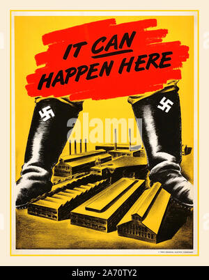 1942 WW2 produzione americana uscita poster di propaganda "Può accadere qui' GEC (GENERAL ELECTRIC COMPANY) La Germania Nazista Jackboots con svastiche a cavallo di un American complesso industriale delle fabbriche immagine motivazionale di eccitare produzione bellica NEGLI STATI UNITI Foto Stock