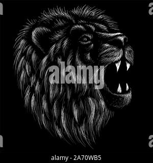 Il logo del vettore di Lion per tatuaggio o T-shirt design stampa o abbigliamento esterno. Caccia ai Lions di stile sfondo. Questo disegno sarebbe bello rendere sul nero f Foto Stock