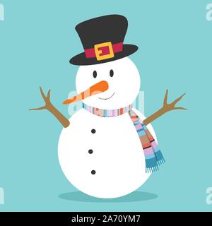 Natale decorativo pupazzo di neve con cappello, sciarpa, ramoscello bracci, carota naso, sulla luce elegante, minimalista moderno ed informale, vettore piana cartoon elemento di design. Illustrazione Vettoriale