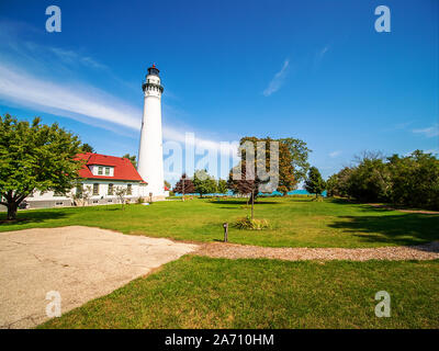 Bellissimo il vento Point Lighthouse, il lago Michigan, Racine, Wisconsin Foto Stock