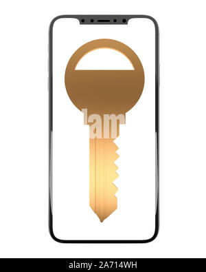 Golden key sullo smartphone vista frontale. Il rendering 3D Foto Stock