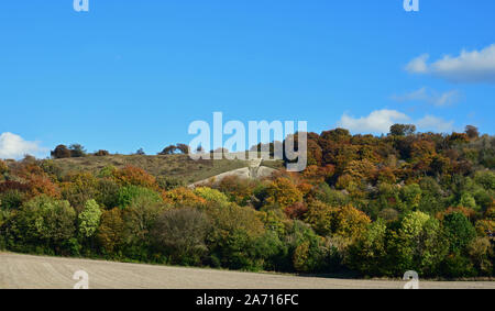 Vista della Croce Whiteleaf da attraverso campi in autunno. Princes Risborough, Buckinghamshire, UK. Chilterns Foto Stock