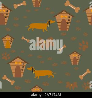 Seamless Cane Bassotto Pattern con le ossa, archi, cane case e impronte. Illustrazione Vettoriale Illustrazione Vettoriale