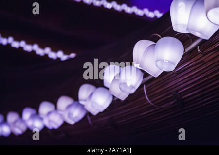 Lunga fila di colore violetto lampadine al tungsteno su un pannello di legno coperto da soffitto arrotondati Foto Stock