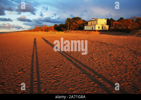 Bella immagine colorata di due lunghe ombre di persone che attraversano la spiaggia di sabbia durante il tramonto. Foto Stock