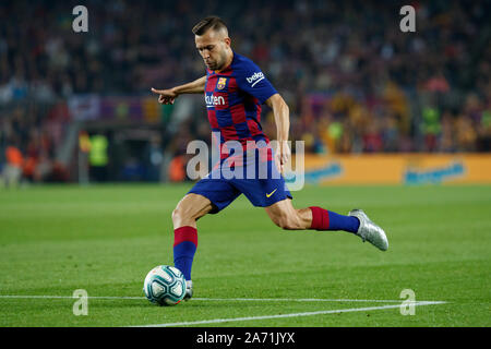 Barcellona, Spagna. 29 ott 2019. Barcellona, Spagna - 29 ottobre: Jordi Alba del FC Barcelona durante la Liga match tra FC Barcelona e Real Valladolid al Camp Nou il 29 ottobre 2019 a Barcellona, Spagna. Credito: Nicolas Lopez/Alamy Live News Foto Stock