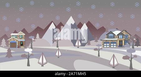 In inverno il paesaggio innevato con le case, gli alberi e le montagne. Suburban edifici nel paesaggio invernale. Appartamento illustrazione vettoriale. Dettagliata progettazione casa Illustrazione Vettoriale