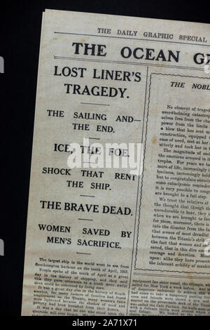 Replica cimeli legati al Titanic: Pagina 2 intestazione laterale, il Daily Graphic In-Memoriam Numero edizione, 20 aprile 1912. Foto Stock