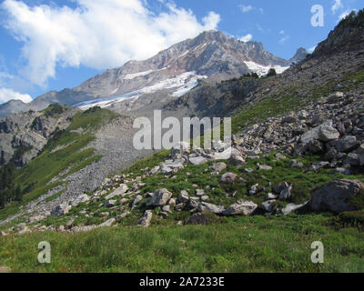 Un tempo estivo vista di Mt. Cappa, Sandy Glacier, Reid ghiacciaio, e l'illuminazione Rock dal lato nord della cresta Yocom. Foto Stock