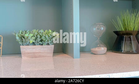 Telaio di panorama di piante decorative e arredamento moderno banco in marmo Foto Stock