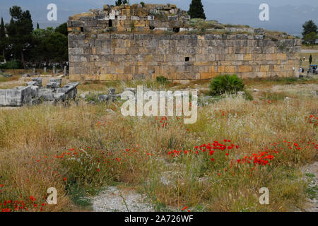 I resti di antichi edifici antichi di Hierapolis da blocchi di calcare, pareti fatiscenti. Foto Stock