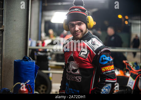 Manchester, Regno Unito. 29 ott 2019. MANCHESTER, Inghilterra ottobre 29th Danny Phillips di Belle Vue Colts durante la Belle Vue Colts v Leicester Lion Cubs, SGB Lega Nazionale KO Cup finale (seconda gamba) al Belle Vue National Speedway Stadium, Manchester, martedì 29 ottobre 2019 (Foto: Ian Charles | MI News) © MI News Credito: MI News & Sport /Alamy Live News Foto Stock