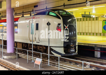 Tokyo, Giappone - 15 Ottobre 2018: Narita Express (NEX) è un treno veloce attende per i passeggeri all'aeroporto internazionale di Narita collega l'Aeroporto di Narita t Foto Stock