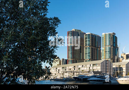 Una vista in lontananza il molo di Barangaroo complesso nel centro di Sydney, Australia Foto Stock