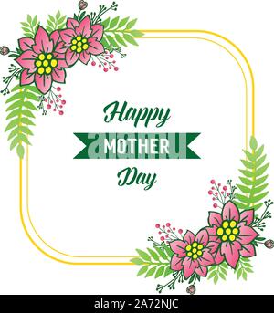 Saluto moderno scheda madre felice giorno, con corona di fiori rosa e telaio giallo. Vettore Illustrazione Vettoriale