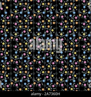 Modello di cute in piccolo fiore. Piccoli fiori colorati su sfondo nero. eps10 Illustrazione Vettoriale