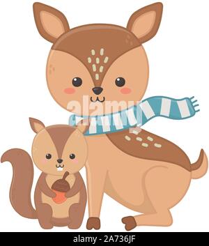 Carino il cervo con sciarpa e lo scoiattolo azienda acorn ciao autumnvector illustrazione Illustrazione Vettoriale