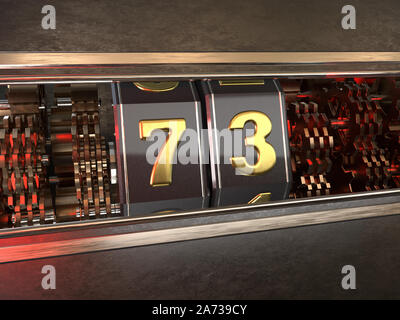 Il numero 73 (numero settanta-tre) stile di slot machine. 3D illustrazione Foto Stock
