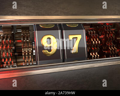 Numero 97 (numero novantasette) stile di slot machine. 3D illustrazione Foto Stock