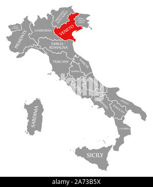 Veneto evidenziata in rosso nella mappa di Italia Foto Stock