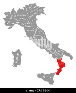 Calabria evidenziata in rosso nella mappa di Italia Foto Stock