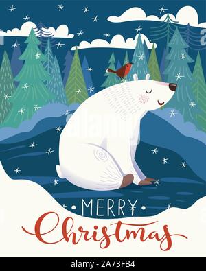 Vettore poster di Natale con orso polare e un uccello in natura. Illustrazione Vettoriale