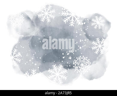 Abstract paesaggio invernale sul acquerello scuro con macchie di fiocchi di neve su sfondo bianco e copia di spazio. Foto Stock
