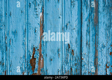 La texture di blu e di pannelli di recinzione. Le schede sono di larghezza, con incrinato la vecchia vernice, disposte verticalmente. Foto Stock