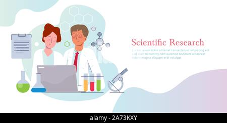 La ricerca scientifica. Concetto di scienza scoperta nel laboratorio di illustrazione vettoriale piana di gradiente Illustrazione Vettoriale