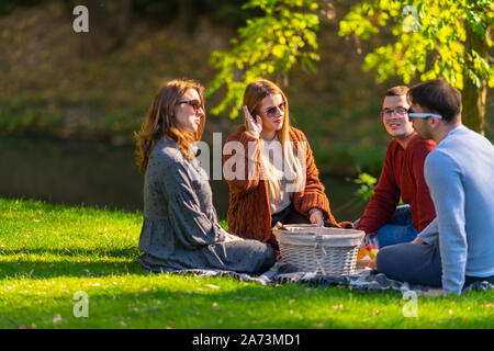 Due giovani donne godendo un picnic con i loro fidanzati seduti su un tappeto sul prato di un parco attorno ad un cibo ostacolare Foto Stock