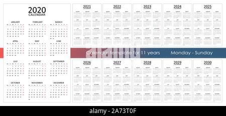 Grande set di 11 anno calendario. Una pagina e dodici mesi. Inizia settimana da Lunedì. Lun-dom settimana. Isolato su sfondo bianco. Progettazione di cancelleria. Illustrazione Vettoriale