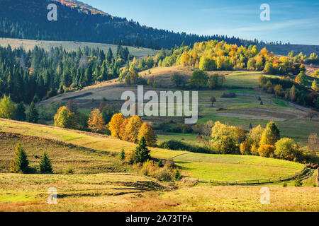 Sunny autunnali paesaggio rurale in montagna. bellissimo paesaggio con colline. alberi a foglie colorate Foto Stock