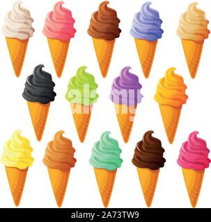Illustrazione Vettoriale di zucchero i coni di cialda con soft servire il gelato in vari gusti come ad esempio il cioccolato, vaniglia e fragola. Illustrazione Vettoriale