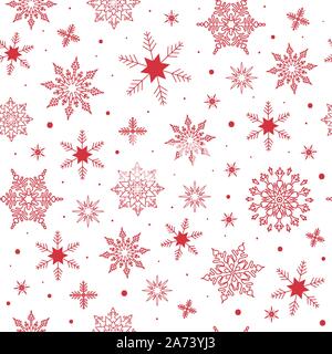 Vector seamless pattern di fiocchi di neve rossa su uno sfondo bianco. Sottili linee delicate sagome di differenti elementi di neve. Anno nuovo illustartion. Illustrazione Vettoriale
