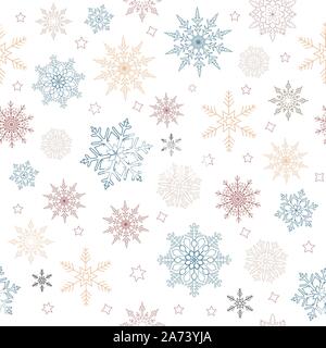 Vector pattern senza giunture di pastello di fiocchi di neve e stelle su un isolato bianco sullo sfondo. Sottili linee delicate sagome di differenti elementi di neve. Illustrazione Vettoriale