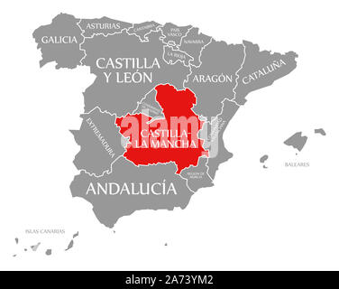 Castilla-La Mancha evidenziata in rosso nella mappa della Spagna Foto Stock