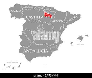 La Rioja evidenziata in rosso nella mappa della Spagna Foto Stock