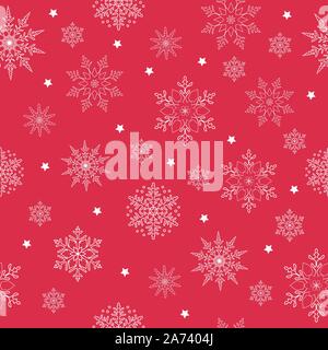 Vector seamless pattern di fiocchi di neve bianca su sfondo rosso. Sottili linee delicate sagome di differenti elementi di neve. Anno nuovo ornamento. Illustrazione Vettoriale