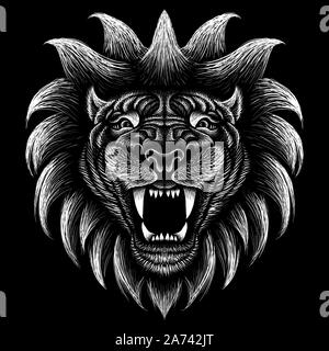 Il logo del vettore di Lion per tatuaggio o T-shirt design stampa o abbigliamento esterno. Caccia ai Lions di stile sfondo. Questo disegno sarebbe bello rendere sul nero f Illustrazione Vettoriale