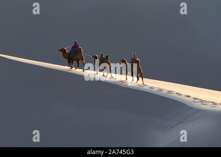 Le popolazioni nomadi coppia sposata attraversando enormi dune di sabbia con loro bactrian camel caravan a sunrise. Deserto dei Gobi, Mongolia. Foto Stock