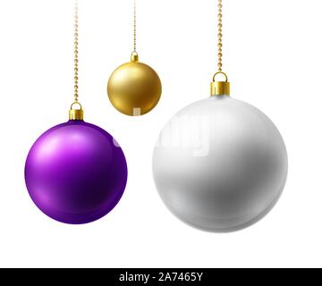 Realistico multi-colore opaco palle di Natale appeso su oro perle catene Illustrazione Vettoriale