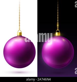 Crimson realistica opaca palle di Natale appeso su oro perle catene. Illustrazione Vettoriale