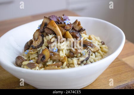 Fotografia di cibo di un Italiano risotto ai funghi in un bianco vaso in ceramica Foto Stock