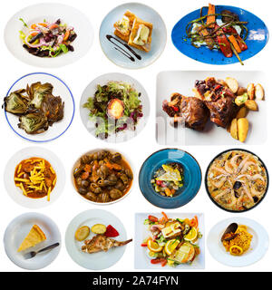 Collage di diversi piatti dalla cucina catalana isolati su sfondo bianco Foto Stock