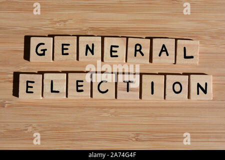 Elezioni generali in 3d alfabeto di legno lettere su una tavoletta di legno sullo sfondo di bambù Foto Stock