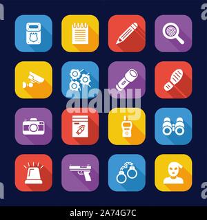 Ispettore di polizia icone Design piatto impostato Illustrazione Vettoriale