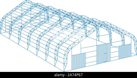 Tenda telone tenda temporanea magazzino mostra galleria hall aereo progetto hangar. Costruzione fienile costruzione struttura a struttura a struttura a reticolo. Telaio con taglio trasparente. Illustrazione isometrica vettoriale Illustrazione Vettoriale