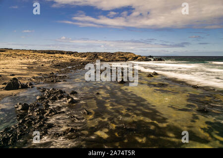 Playa de las arenas blancas, spiaggia di sabbia bianca e rocce vulcaniche, fotografie con lunghi tempi di esposizione, la Frontera, El Hierro, Isole canarie, Spagna Foto Stock